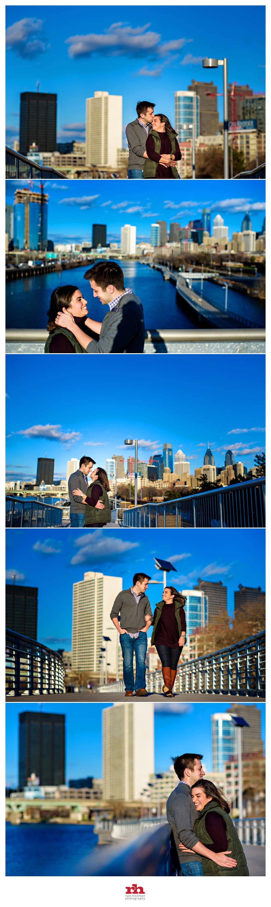 An Engaged Couple walk the Schuykill Banks Boardwalk in Philly.